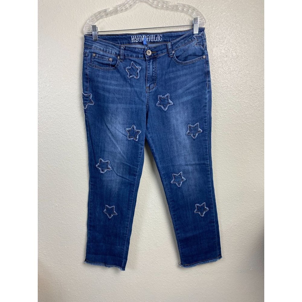 Hydraulic Nolita Curvy Straight‎ Crop Jeans Womens size 10 Stars Patched Blue
